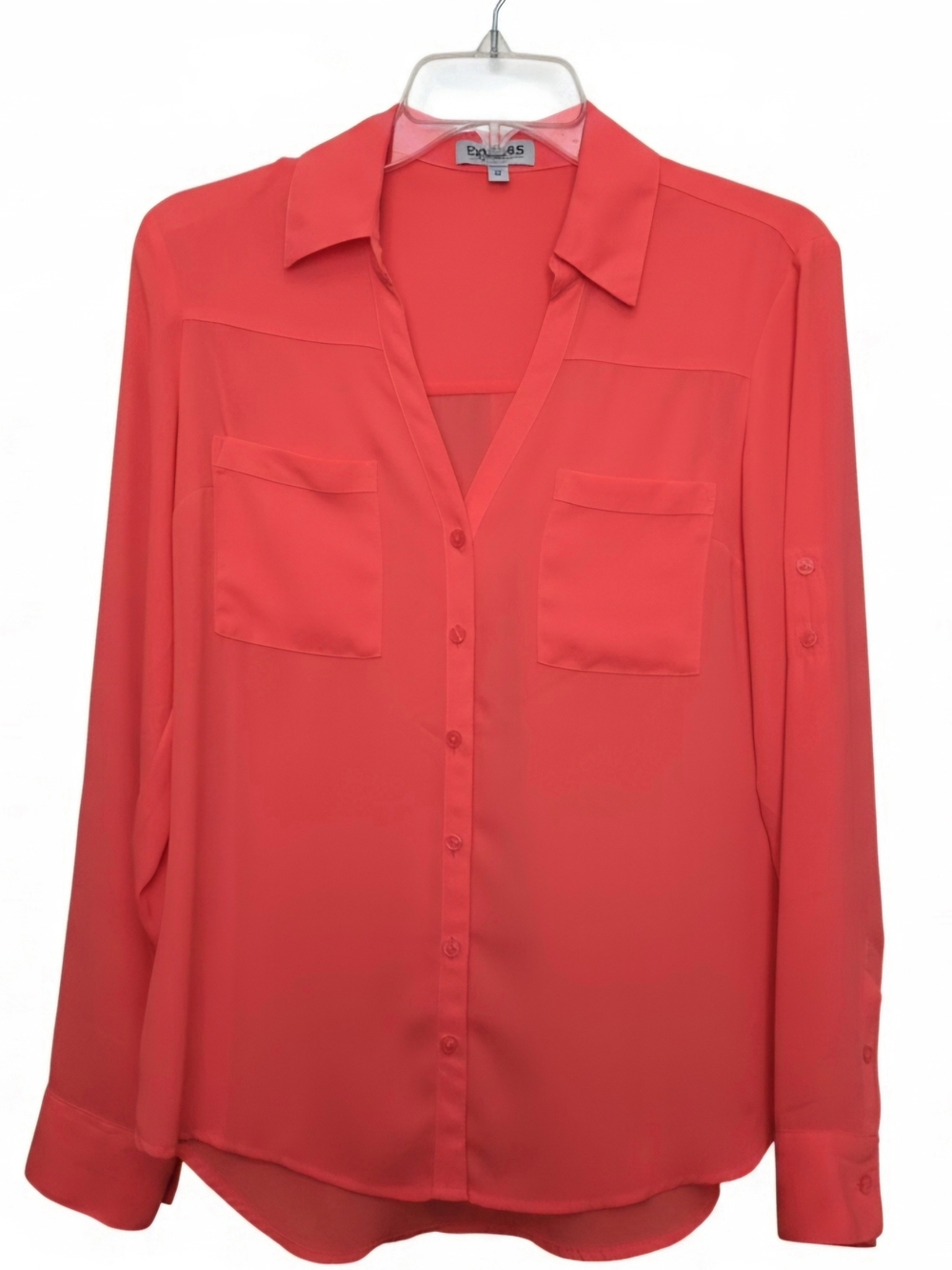 Express Coral Neon Pink The Portofino Shirt Roll-Tab Sleeve Blouse Small
